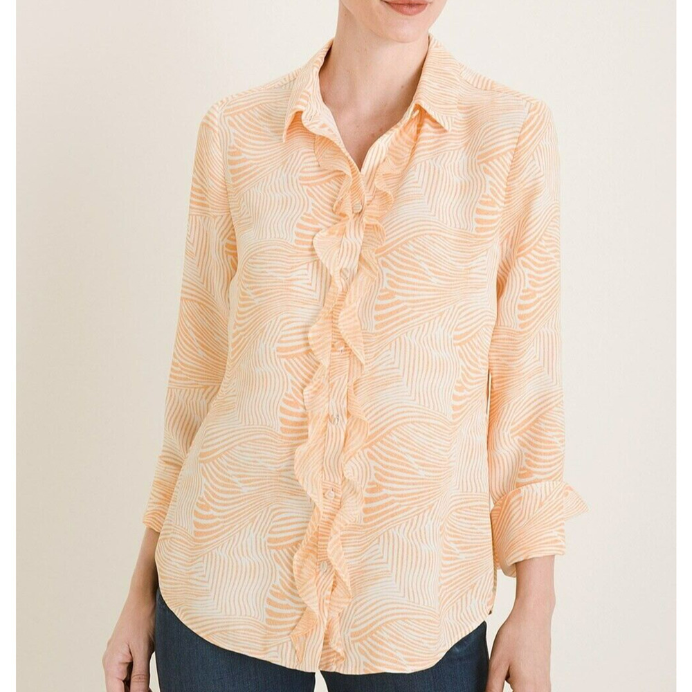 Chico's Zebra Print Ruffle Front Blouse Size Large / 2 Peach Button Up Shirt